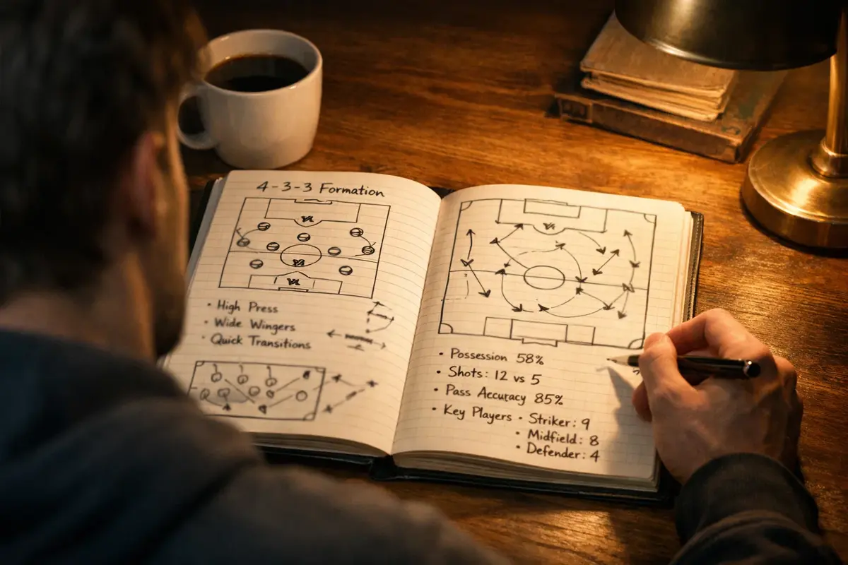 Persona che studia statistiche di calcio su un quaderno con appunti tattici prima di una partita