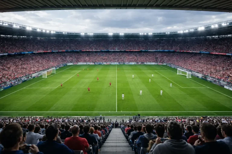 Partita di calcio vista dalla tribuna con campo in erba verde