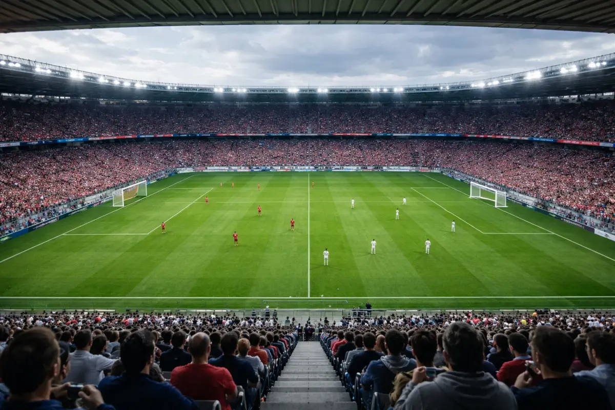 Partita di calcio vista dalla tribuna con campo in erba verde