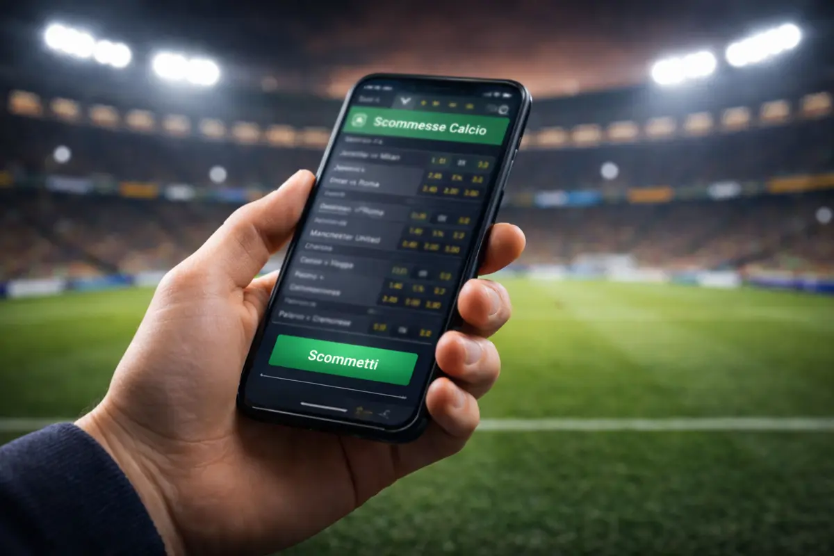 Mano che tiene uno smartphone con una scommessa sportiva durante una partita