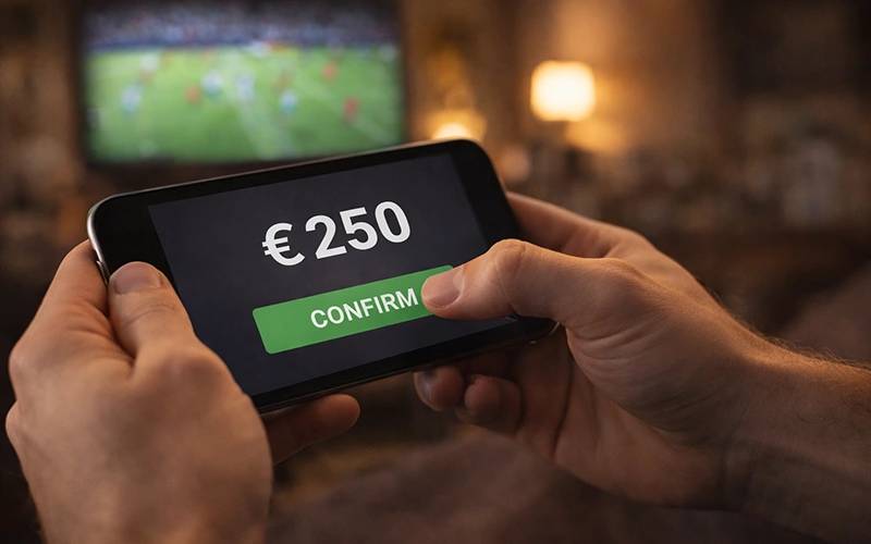 Persona che valuta opzioni di chiusura anticipata su smartphone durante partita