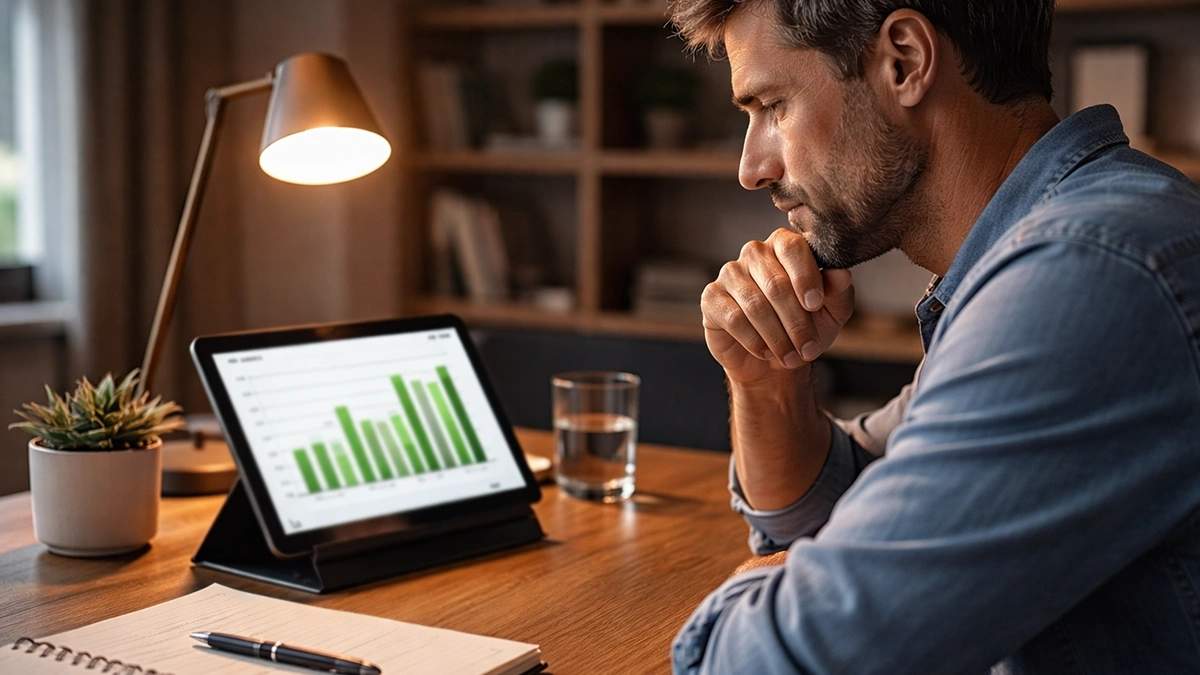 Persona che studia statistiche di calcio su tablet con appunti