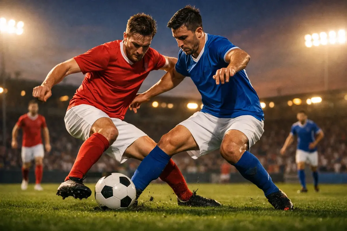 Partita di calcio in corso su campo in erba con due squadre in azione durante un pareggio