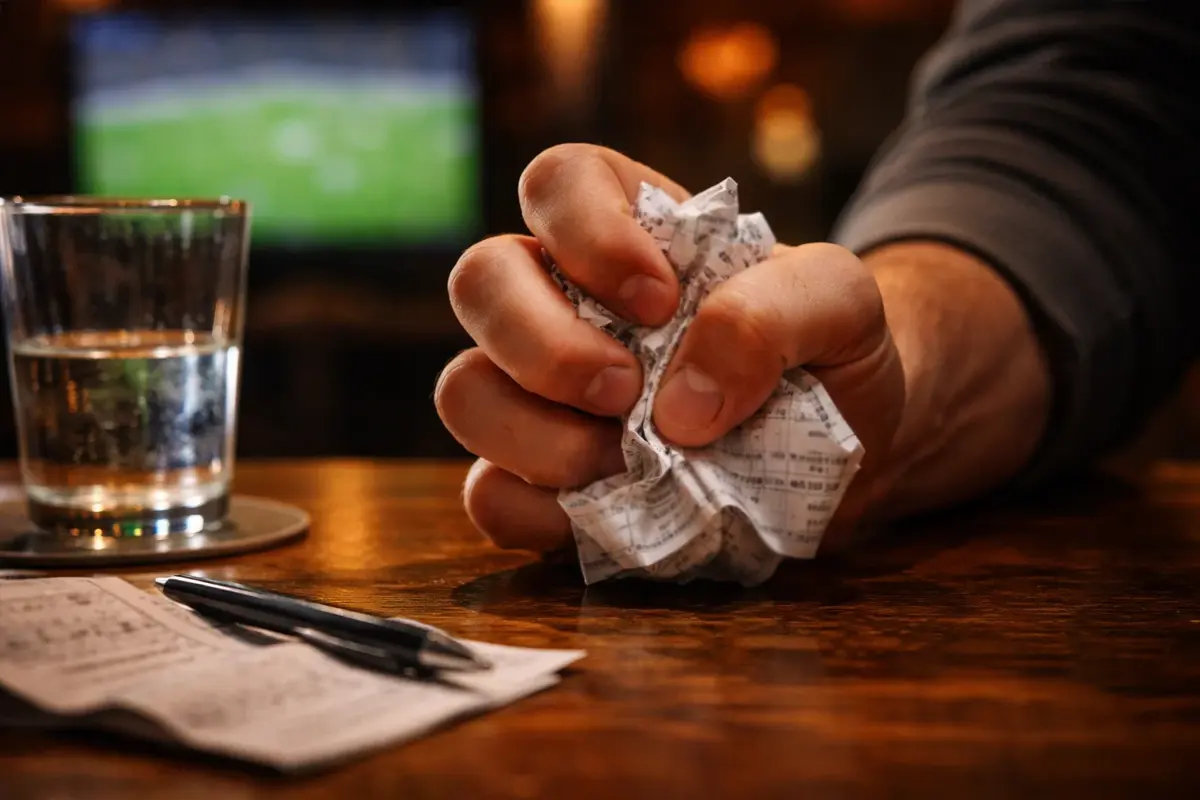 Mano che accartoccia una schedina di scommesse persa vicino a un campo da calcio