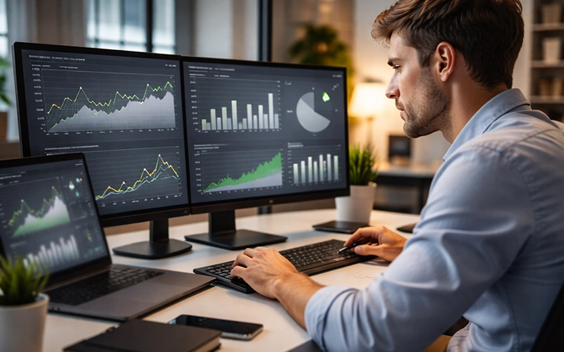 Analista di dati sportivi lavora su grafici statistici