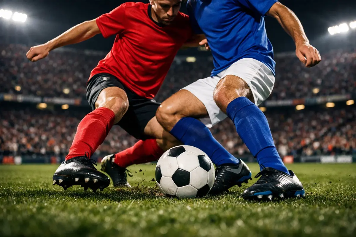 Giocatori di calcio in azione durante una partita su campo in erba