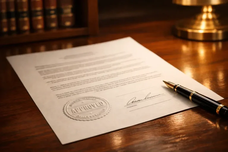 Documento ufficiale con timbro di approvazione su una scrivania istituzionale ordinata