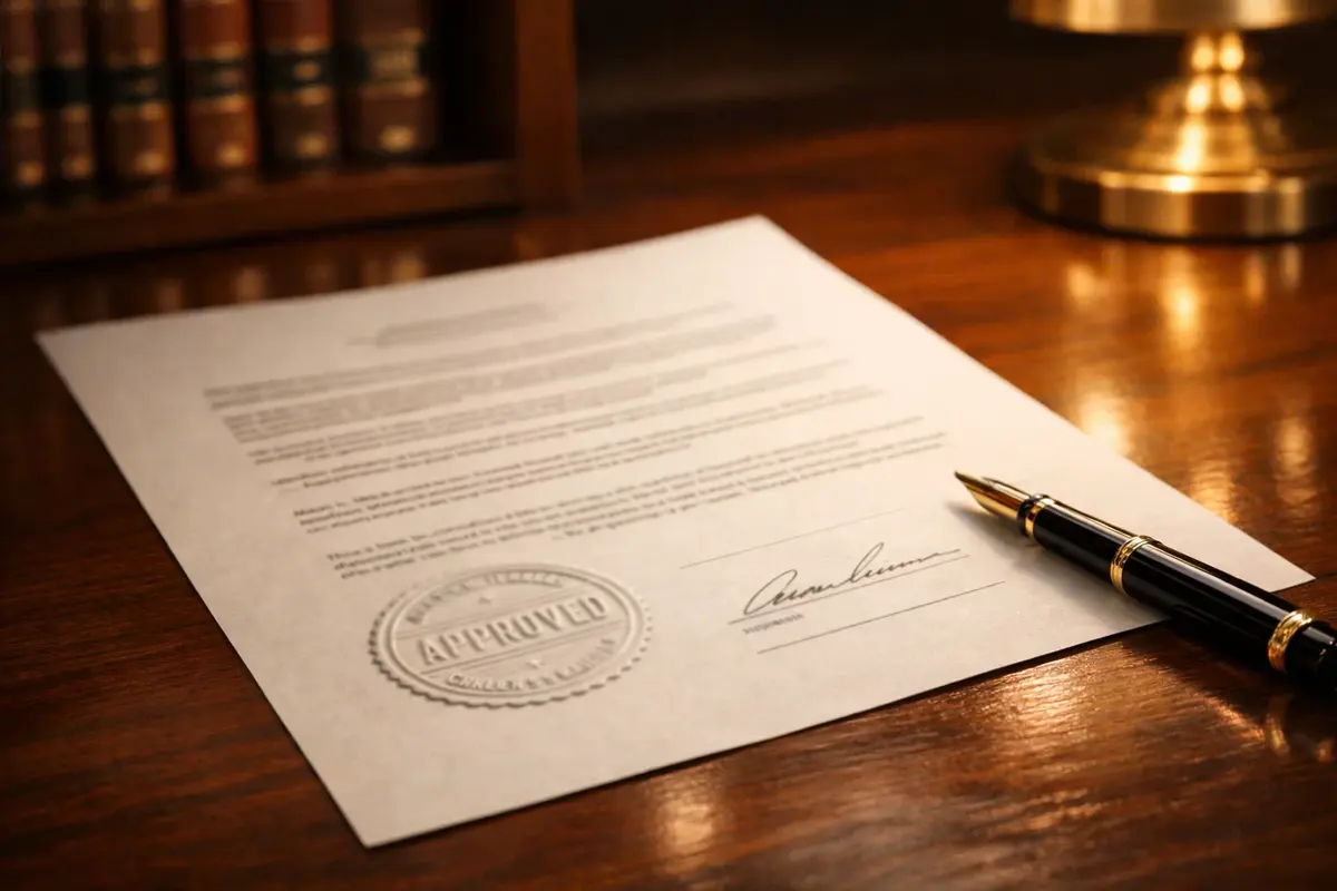 Documento ufficiale con timbro di approvazione su una scrivania istituzionale ordinata