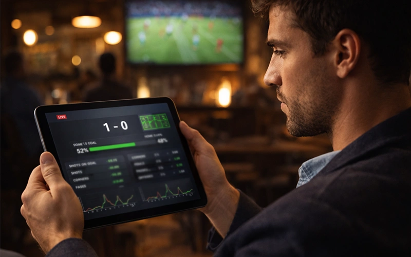 Spettatore che segue una partita di calcio su tablet con dati in tempo reale