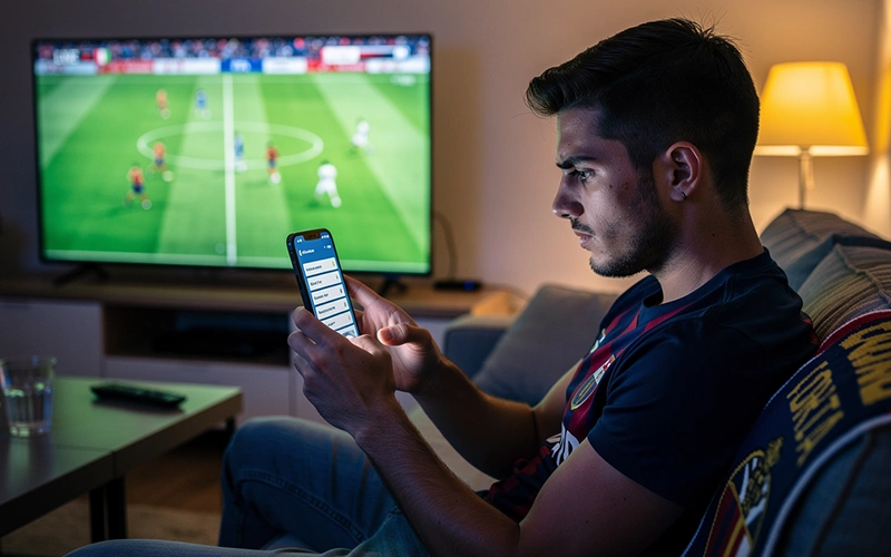 Tifoso che analizza statistiche di una partita di calcio su smartphone