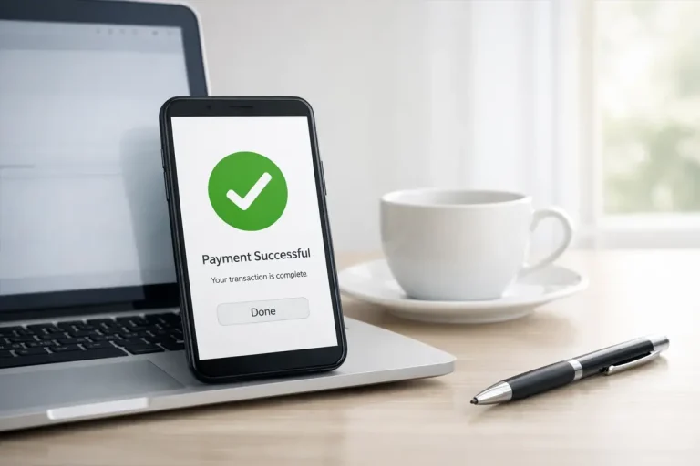 Smartphone con app di pagamento aperta accanto a un laptop su una scrivania ordinata