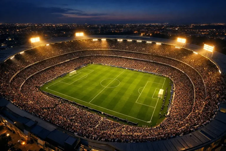 Stadio di calcio illuminato di sera con spalti pieni visto dall'alto