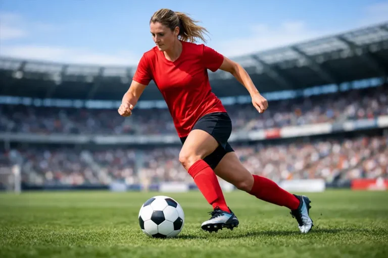 Calciatrice in azione durante una partita su campo in erba in uno stadio moderno