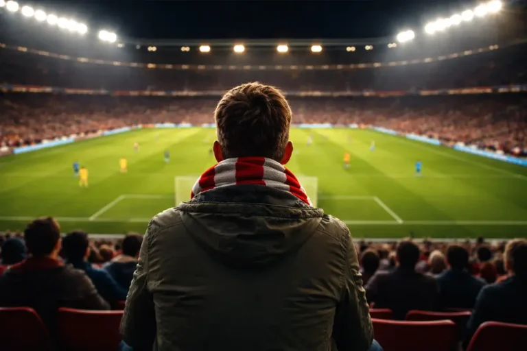 Tifoso che guarda una partita di calcio dal vivo in uno stadio con il campo illuminato
