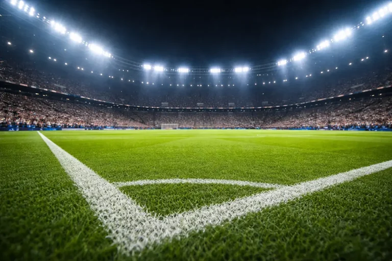 Campo da calcio illuminato prima di una partita di Champions League