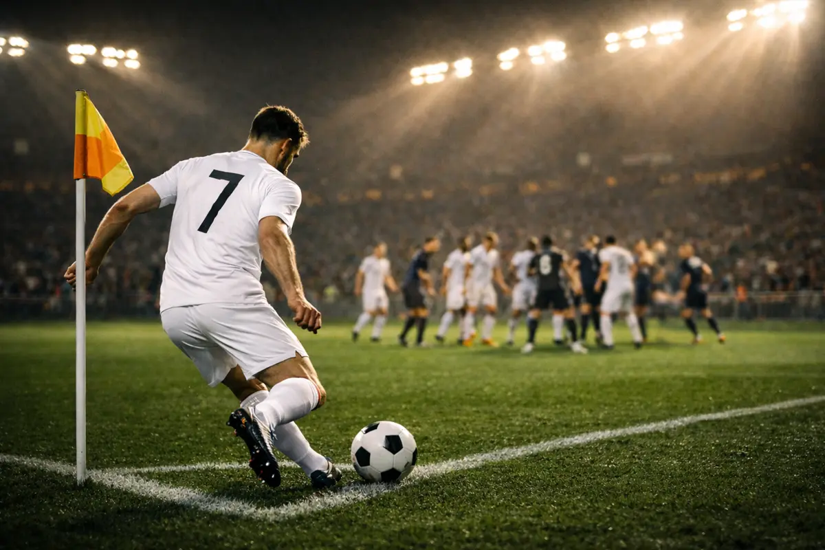 Calciatore che batte un calcio d'angolo su campo in erba durante una partita serale