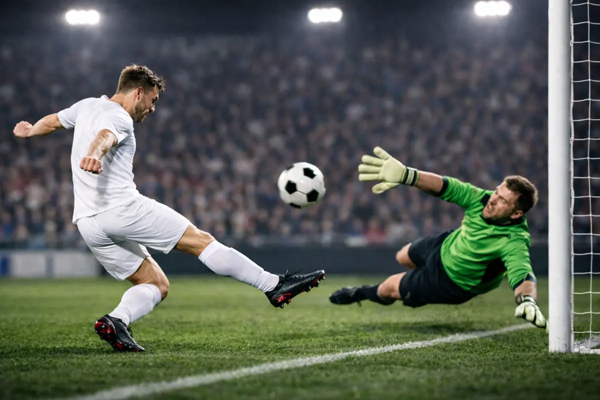 Attaccante che calcia verso la porta durante una partita di calcio