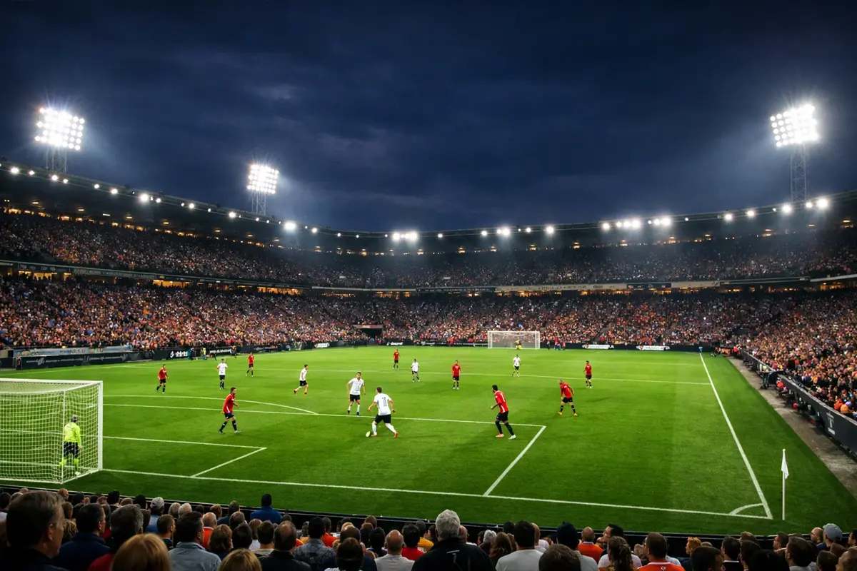 Tifosi seguono una partita di calcio dal vivo allo stadio di sera