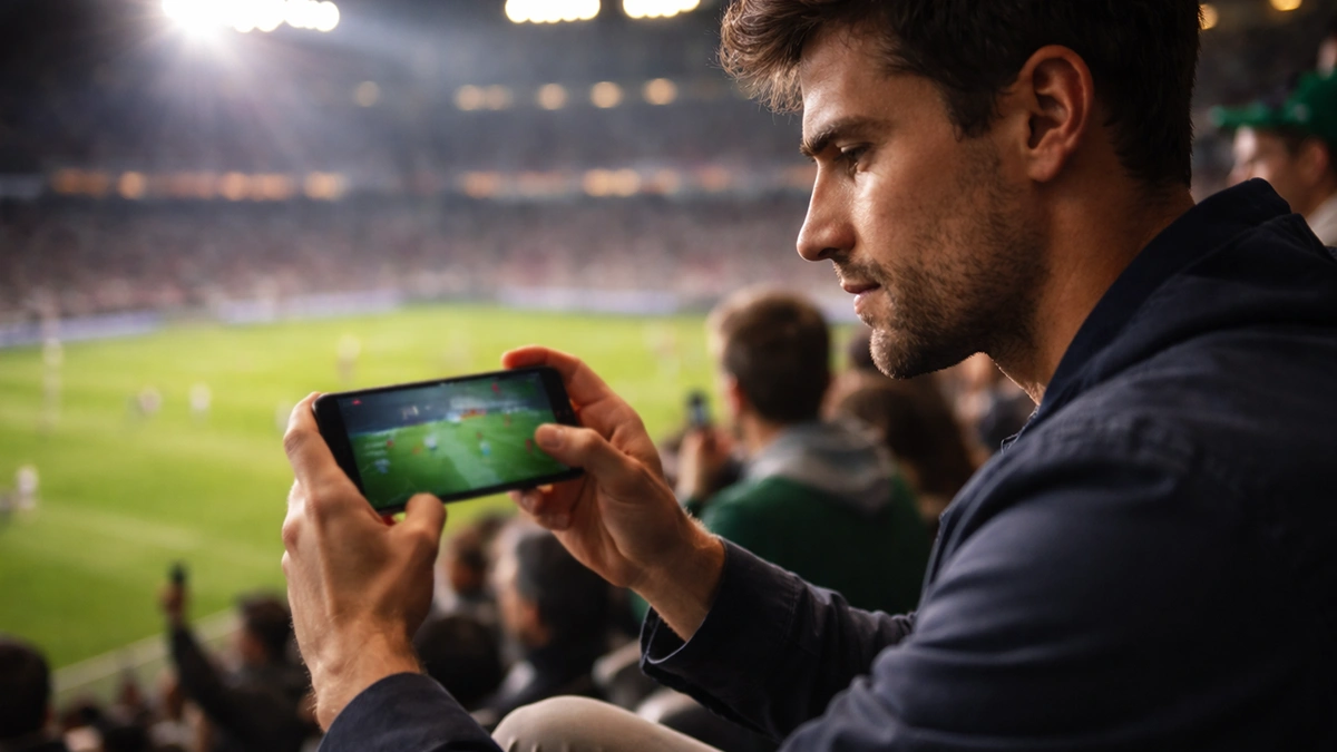 Tifoso che guarda partita di calcio sullo smartphone durante il match
