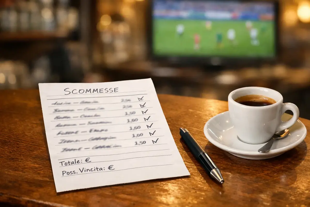 Schedina di scommesse sportive su un tavolo con partite di calcio