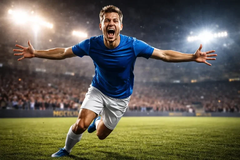Attaccante di calcio che esulta dopo aver segnato un gol sotto i riflettori dello stadio