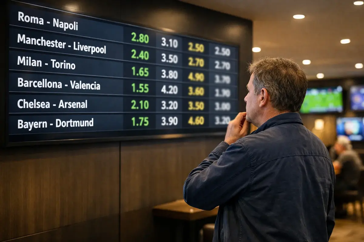 Tabellone quote calcio su schermo in una sala scommesse