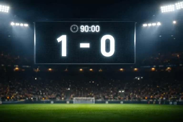 Tabellone segnapunti di uno stadio di calcio che mostra un risultato di partita sotto le luci serali