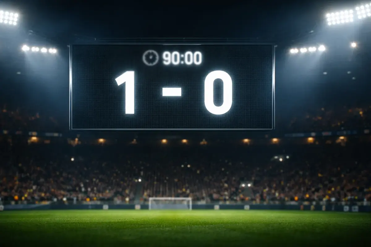 Tabellone segnapunti di uno stadio di calcio che mostra un risultato di partita sotto le luci serali