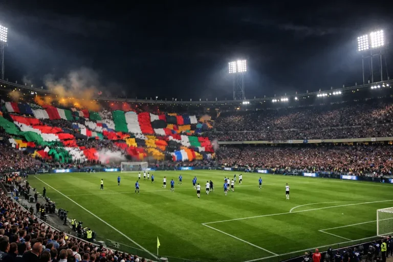 Stadio di Serie A pieno di tifosi durante una partita serale