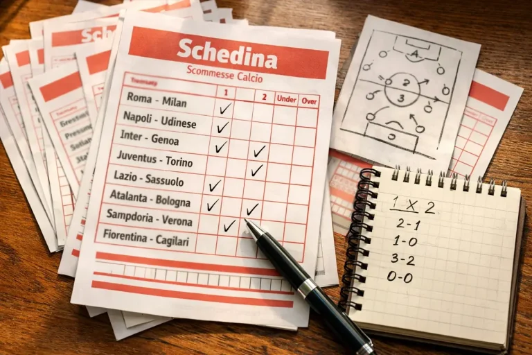 Schedine di scommesse calcio disposte su un tavolo con penna e appunti tattici