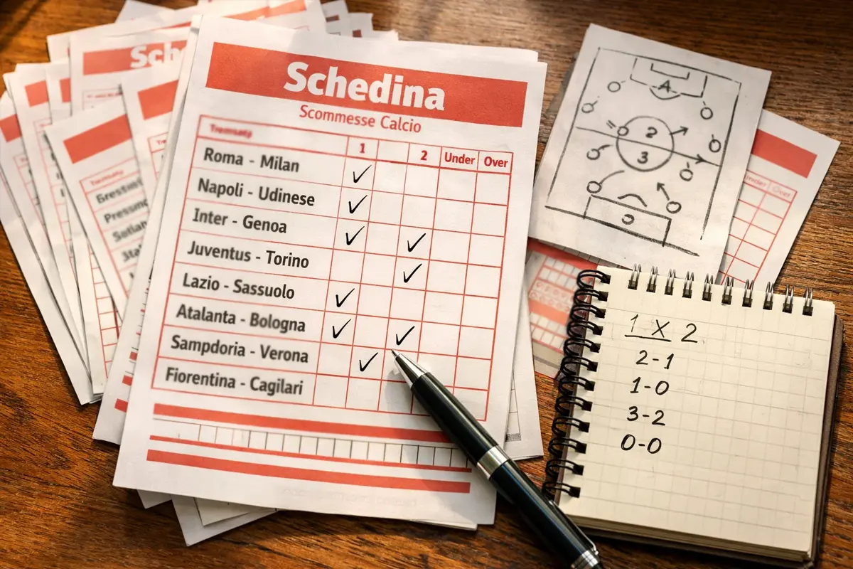 Schedine di scommesse calcio disposte su un tavolo con penna e appunti tattici