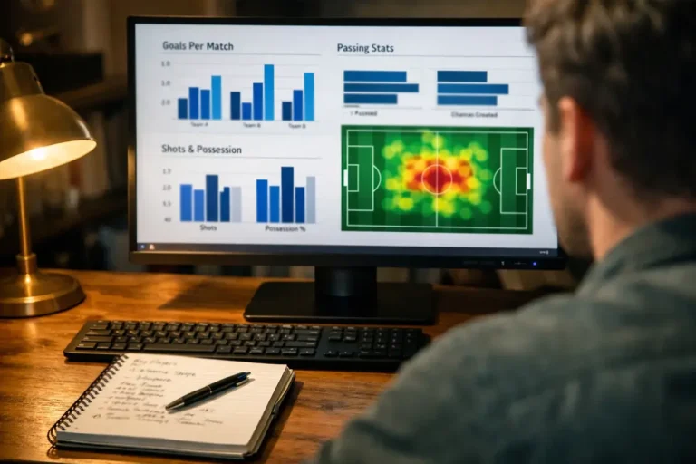 Persona che analizza dati e grafici di statistiche calcistiche su un monitor da scrivania