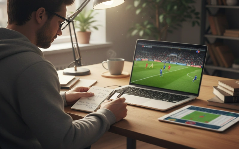 Appassionato che prende appunti mentre guarda una partita di calcio