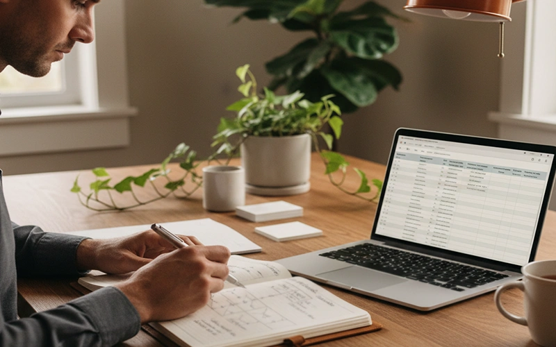 Persona pianifica strategie con appunti e analisi a lungo termine