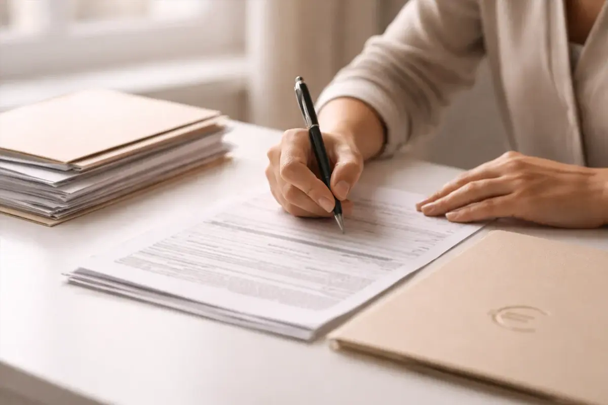 Persona che compila un documento fiscale con penna su una scrivania con fogli ordinati